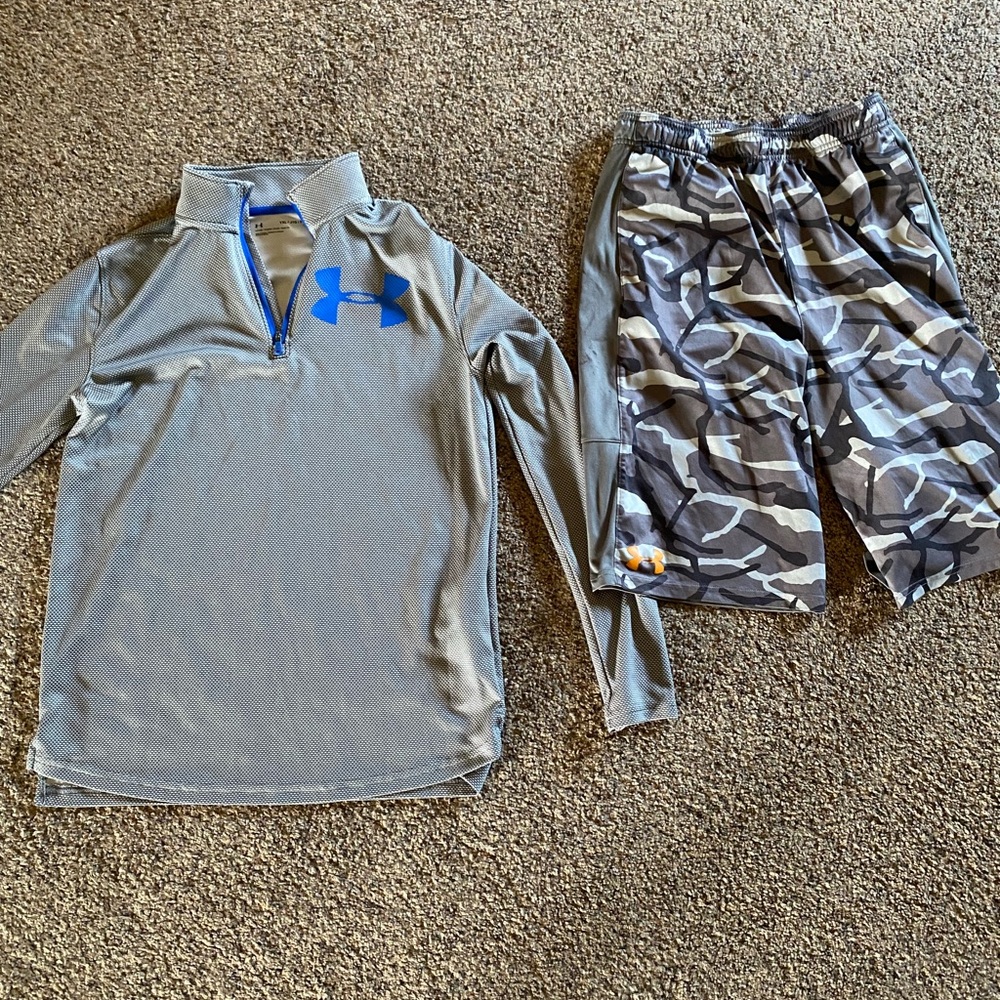 1 UA gray boys extra large 1/4 zip and 1 UA gray extra large camo boys shorts